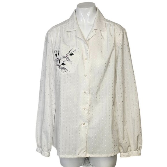 Vintage Susan Van Heusen Womens Embroidered Cat Button Up Shirt, Size 18 - Picture 1 of 7